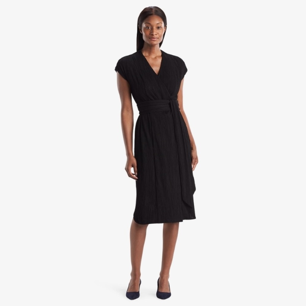 MM Lafleur Devlin Button Wrap Dress Textured Black Drape Midi Length Size 10